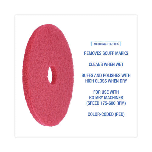 Buffing Floor Pads, 18" Diameter, Red, 5/carton.