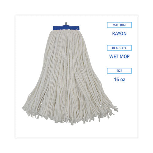 Cut-end Lie-flat Wet Mop Head, Rayon, 16oz, White, 12/carton.