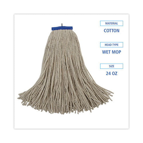 Cut-end Lie-flat Wet Mop Head, Cotton, 24oz, White, 12/carton.