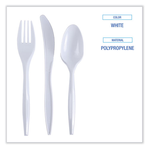 Three-piece Cutlery Kit, Fork/knife/teaspoon, Polypropylene, White, 250/carton.