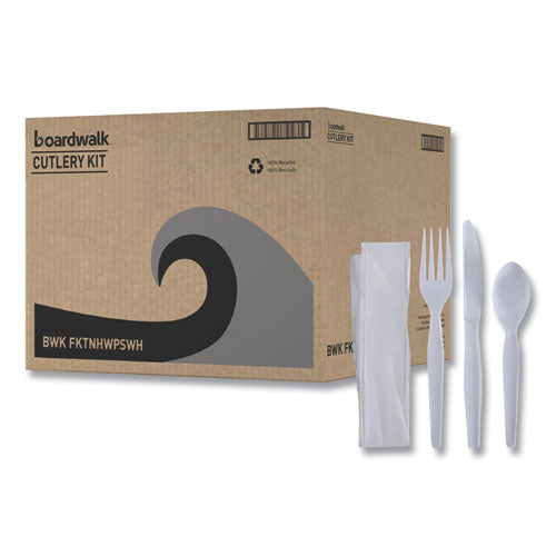 Four-piece Cutlery Kit, Fork/knife/napkin/teaspoon, Heavyweight, White, 250/carton.