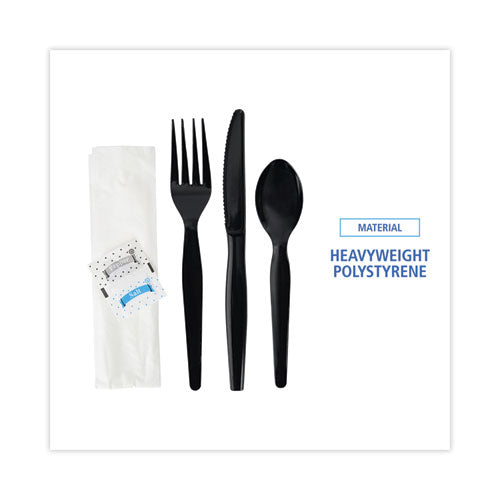 Six-piece Cutlery Kit, Condiment/fork/knife/napkin/spoon, Heavyweight, Black, 250/carton.