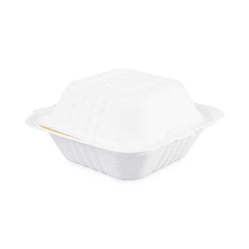 Bagasse Food Containers, Hinged-lid,1-compartment 6 X 6 X 3.19, White, Sugarcane, 125/sleeve, 4 Sleeves/carton