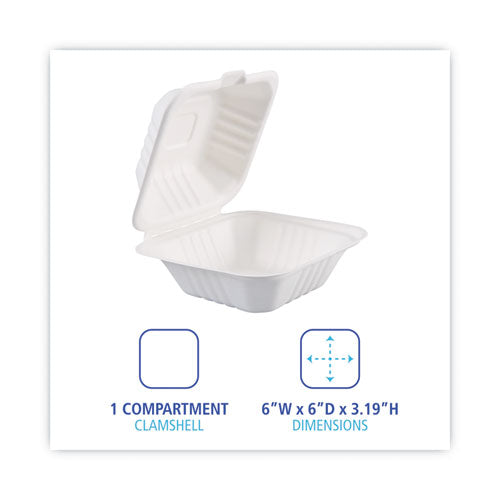 Bagasse Food Containers, Hinged-lid,1-compartment 6 X 6 X 3.19, White, Sugarcane, 125/sleeve, 4 Sleeves/carton