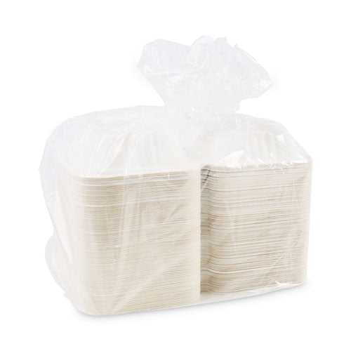 Bagasse Food Containers, Hinged-lid,1-compartment 6 X 6 X 3.19, White, Sugarcane, 125/sleeve, 4 Sleeves/carton