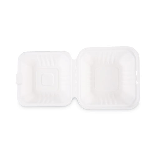 Bagasse Food Containers, Hinged-lid,1-compartment 6 X 6 X 3.19, White, Sugarcane, 125/sleeve, 4 Sleeves/carton