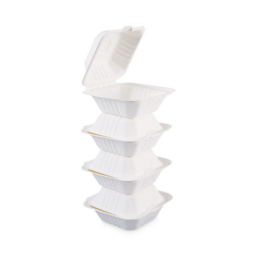 Bagasse Food Containers, Hinged-lid,1-compartment 6 X 6 X 3.19, White, Sugarcane, 125/sleeve, 4 Sleeves/carton