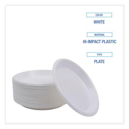 Hi-impact Plastic Dinnerware, Plate, 10" Dia, White, 500/carton.