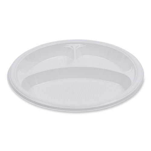 Hi-impact Plastic Dinnerware, Plate, 3-compartment, 10" Dia, White, 500/carton.