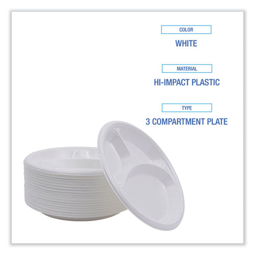 Hi-impact Plastic Dinnerware, Plate, 3-compartment, 10" Dia, White, 500/carton.