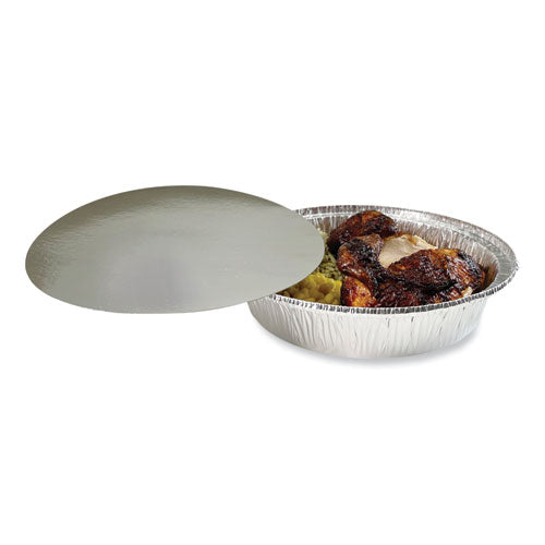 Round Aluminum To-go Containers With Lid, 48 Oz, 9" Diameter X 1.66"h, Silver, 200/carton.