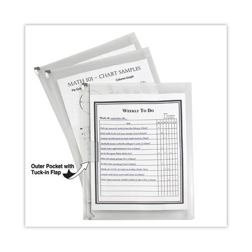 Zip 'n Go Reusable Envelope With Outer Pocket, 1" Capacity, 2 Sections, 10 X 13, Clear, 3/pack.