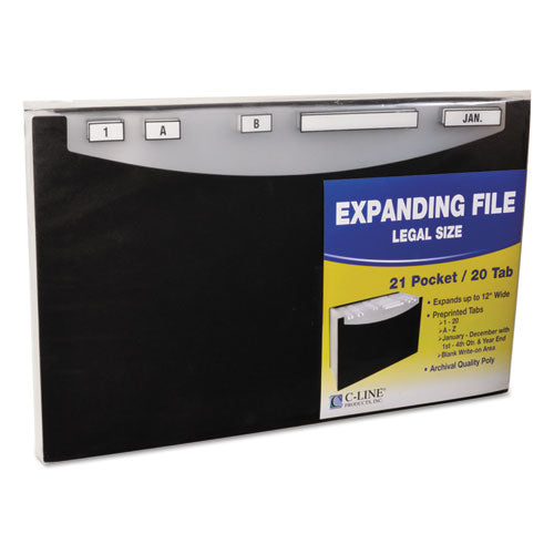 21-pocket Stand-up Design Expanding File, 12" Expansion, 21 Sections, 1/5-cut Tabs, Legal Size, Black.