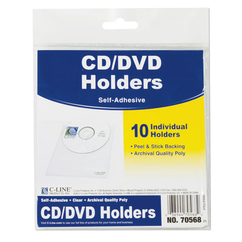 Self-adhesive Cd Holder, 1 Disc Capacity, Clear, 10/pack.