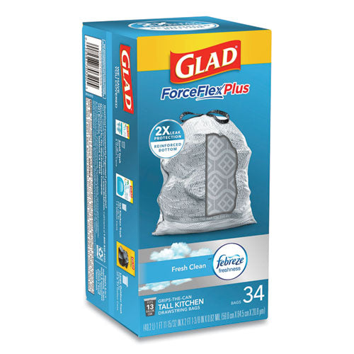 Forceflex Maxstrength Tall Kitchen Drawstring Trash Bags,13 Gal, Fresh Clean Scent, 24" X 28", White, 34/box, 6 Boxes/ct