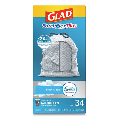 Forceflex Maxstrength Tall Kitchen Drawstring Trash Bags,13 Gal, Fresh Clean Scent, 24" X 28", White, 34/box, 6 Boxes/ct