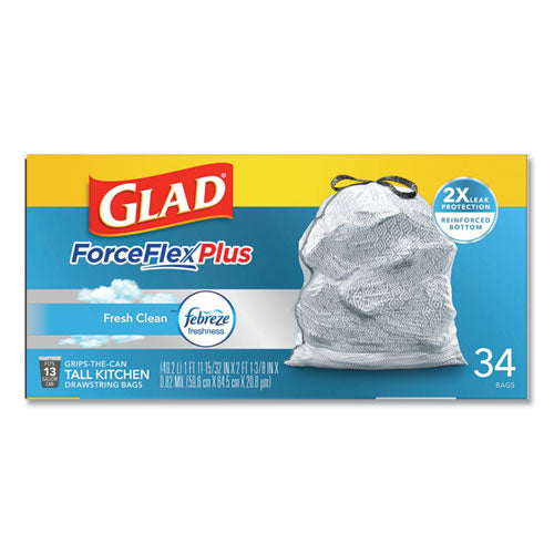 Forceflex Maxstrength Tall Kitchen Drawstring Trash Bags,13 Gal, Fresh Clean Scent, 24" X 28", White, 34/box, 6 Boxes/ct