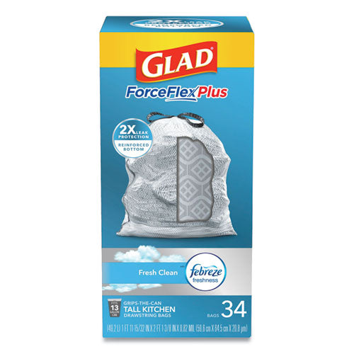 Forceflex Maxstrength Tall Kitchen Drawstring Trash Bags,13 Gal, Fresh Clean Scent, 24" X 28", White, 34/box, 6 Boxes/ct