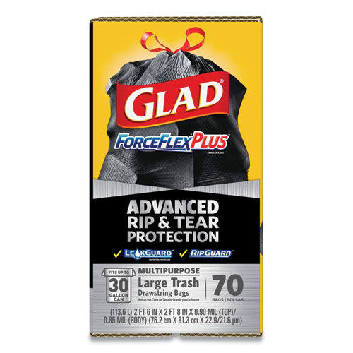 Forceflexplus Drawstring Large Trash Bags, 30 Gal, 1.05 Mil, 30" X 32", Black, 70/box.