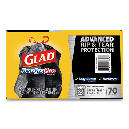 Forceflexplus Drawstring Large Trash Bags, 30 Gal, 1.05 Mil, 30" X 32", Black, 70/box.