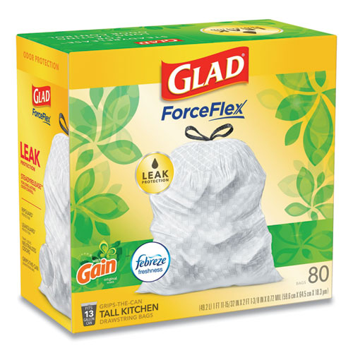 Forceflex Kitchen Drawstring Trash Bags, 13 Gal, Gain Original Scent,24" X 27.38", White, 80 Bags/box, 3 Boxes/carton