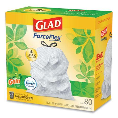 Forceflex Kitchen Drawstring Trash Bags, 13 Gal, Gain Original Scent,24" X 27.38", White, 80 Bags/box, 3 Boxes/carton