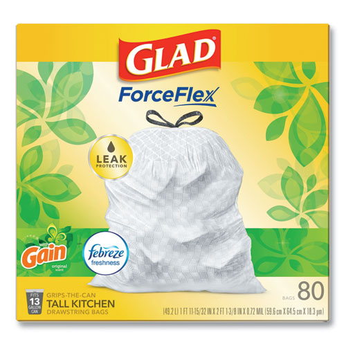 Forceflex Kitchen Drawstring Trash Bags, 13 Gal, Gain Original Scent,24" X 27.38", White, 80 Bags/box, 3 Boxes/carton