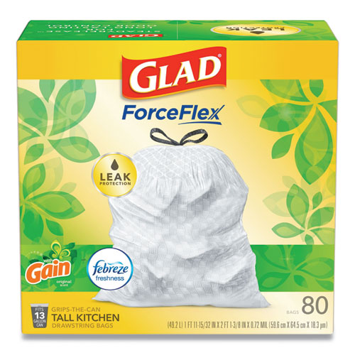 Forceflex Kitchen Drawstring Trash Bags, 13 Gal, Gain Original Scent,24" X 27.38", White, 80 Bags/box, 3 Boxes/carton
