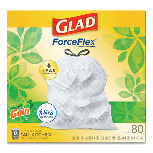 Forceflex Kitchen Drawstring Trash Bags, 13 Gal, Gain Original Scent,24" X 27.38", White, 80 Bags/box, 3 Boxes/carton
