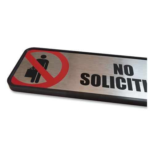 Brushed Metal Office Sign, No Soliciting, 9 X 3, Silver/red.