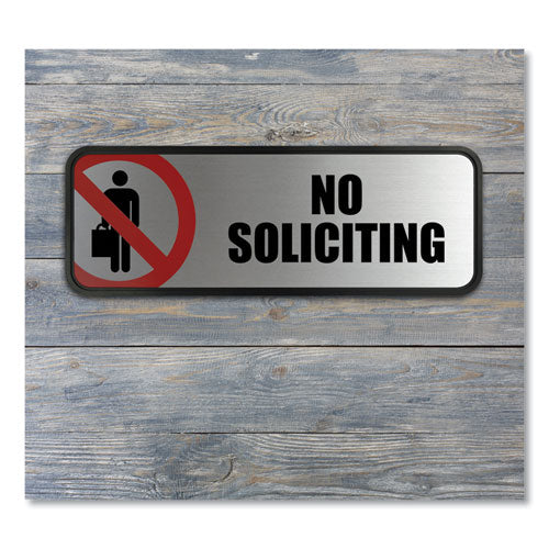 Brushed Metal Office Sign, No Soliciting, 9 X 3, Silver/red.