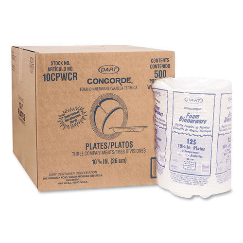 Concorde Foam Plate, 3-compartment Plate, 10.25" Dia, White, 125/pack, 4 Packs/carton.