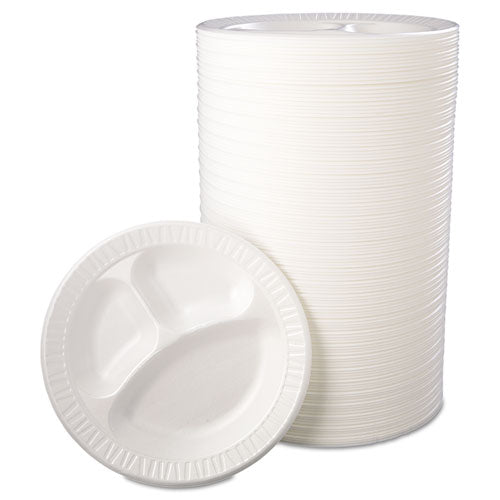 Quiet Class Laminated Foam Dinnerware, Plates,3-compartment, 10.25" Dia, White, 125/pack, 4 Packs/carton