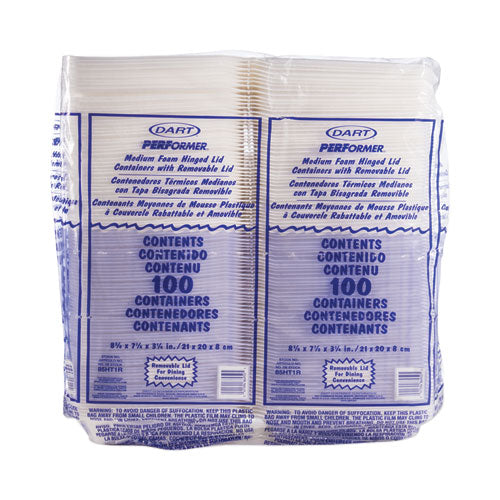 Foam Hinged Lid Containers, 1-compartment, 8.38" X 7.78" X 3.25", White, 200/carton.