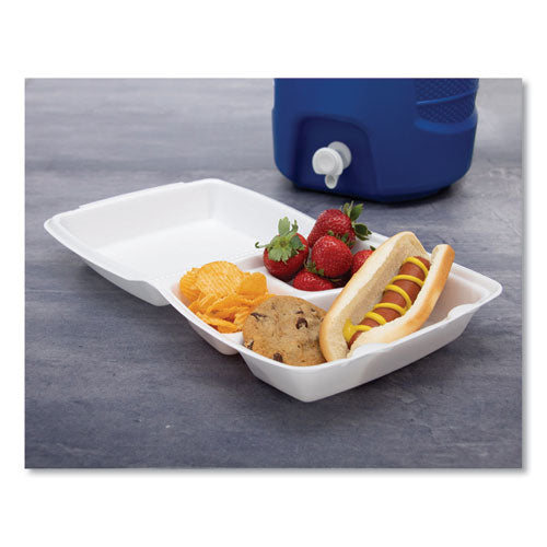 Foam Hinged Lid Containers, 3-compartment, 8.38 X 7.78 X 3.25, 200/carton.