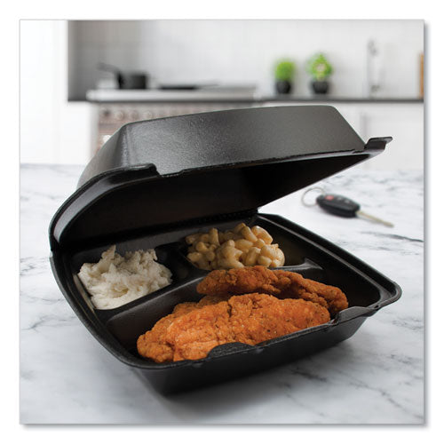 Insulated Foam Hinged Lid Containers, 3 Compartments, 7.96 X 3.2 X  8.36, Black, Foam, 200/carton.