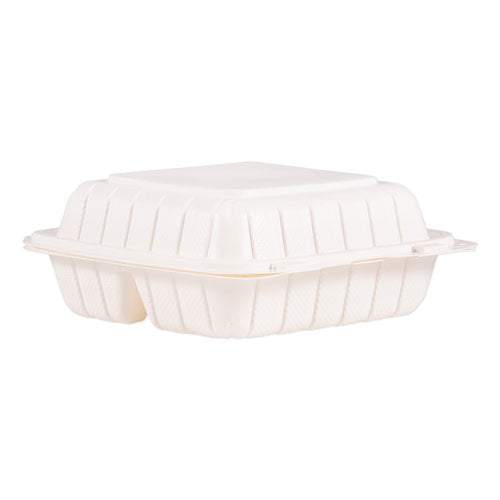 Hinged Lid Containers, 3-compartment, 8.3 X 8 X 3, White, Plastic, 150/carton.