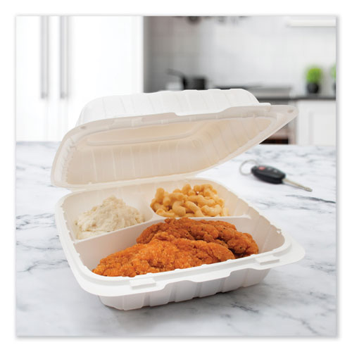 Hinged Lid Containers, 3-compartment, 9 X 8.75 X 3, White, Plastic, 150/carton.