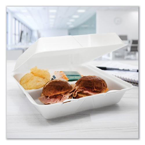 Foam Hinged Lid Containers, 3-compartment, 9.25 X 9.5 X 3, White, 200/carton.