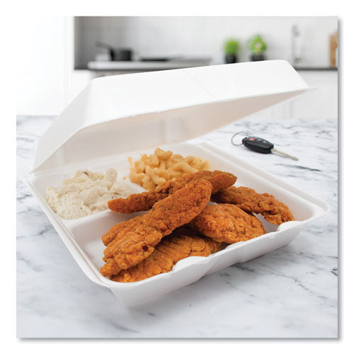 Foam Hinged Lid Containers, 3-compartment, 9.25 X 9.5 X 3, White, 200/carton.