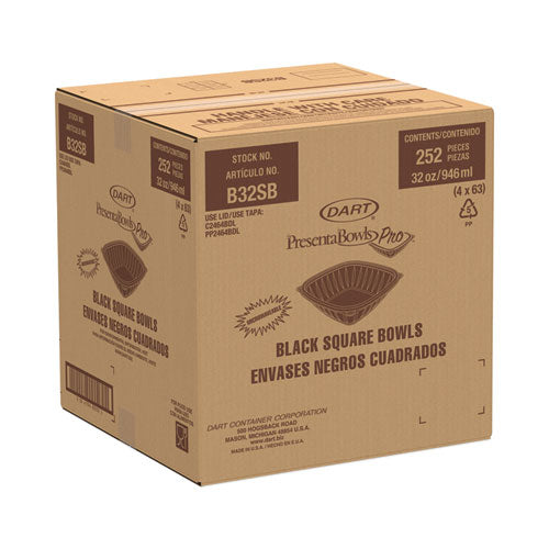 Presentabowls Pro Black Square Bowls, 32 Oz, 8.5 X 8.5 X 2, Plastic, 63/bag, 4 Bags/carton.