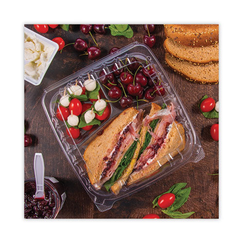 Clearseal Hinged-lid Plastic Containers, 3-compartment,9.4 X 8.9 X 3, Plastic, 100/bag, 2 Bags/carton