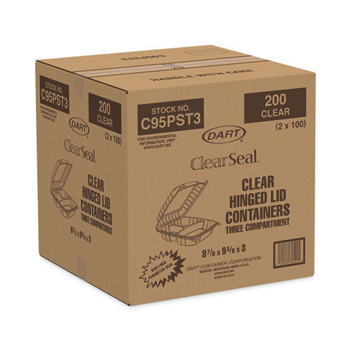 Clearseal Hinged-lid Plastic Containers, 3-compartment,9.4 X 8.9 X 3, Plastic, 100/bag, 2 Bags/carton