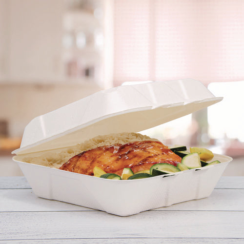 Compostable Fiber Hinged Trays, Proplanet Seal , 8.98 X 9.35 X 2.17, Ivory, Molded Fiber, 200/carton