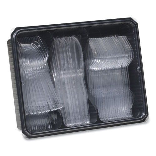 Cutlery Keeper Tray With Clear Plastic Utensils: 60 Forks, 60 Knives, 60 Spoons.