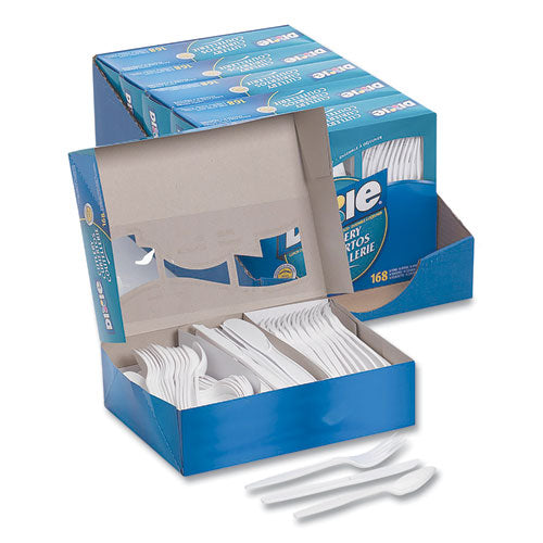 Combo Pack, Tray With White Plastic Utensils, 56 Forks, 56 Knives, 56 Spoons, 6 Packs.