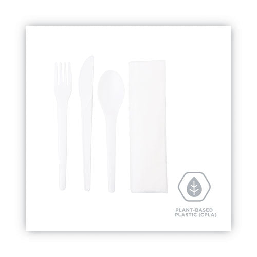 Plantware Compostable Cutlery Kit, Knife/fork/spoon/napkin, 6", Pearl White, 250 Kits/carton.