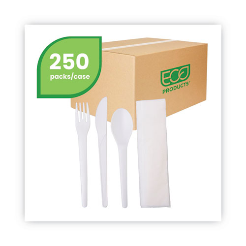 Plantware Compostable Cutlery Kit, Knife/fork/spoon/napkin, 6", Pearl White, 250 Kits/carton.