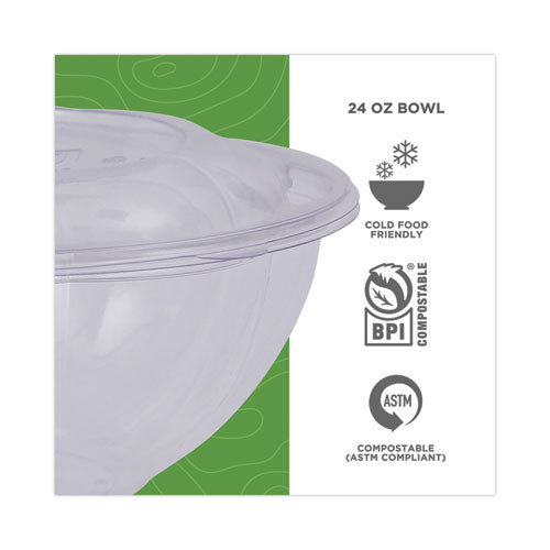 Renewable And Compostable Salad Bowls With Lids, 24 Oz, Clear, Plastic, 50/pack, 3 Packs/carton.