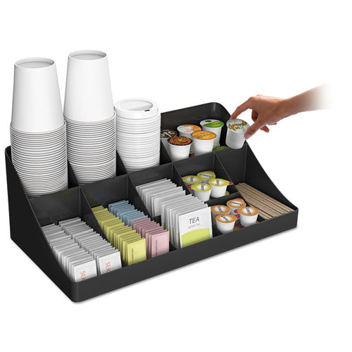 11-compartment Coffee Condiment Organizer, 18.25 X 6.63 X 9.78, Black.